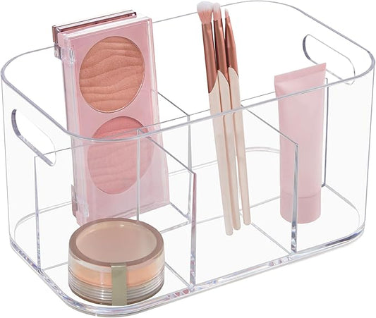STORi Bliss 5-Compartment Plastic Cosmetics Storage Organizer | Clear | Rectangular Divided Makeup Bin & Vanity Caddy with Pass-Through Handles | Round Corner Design | Made in USA