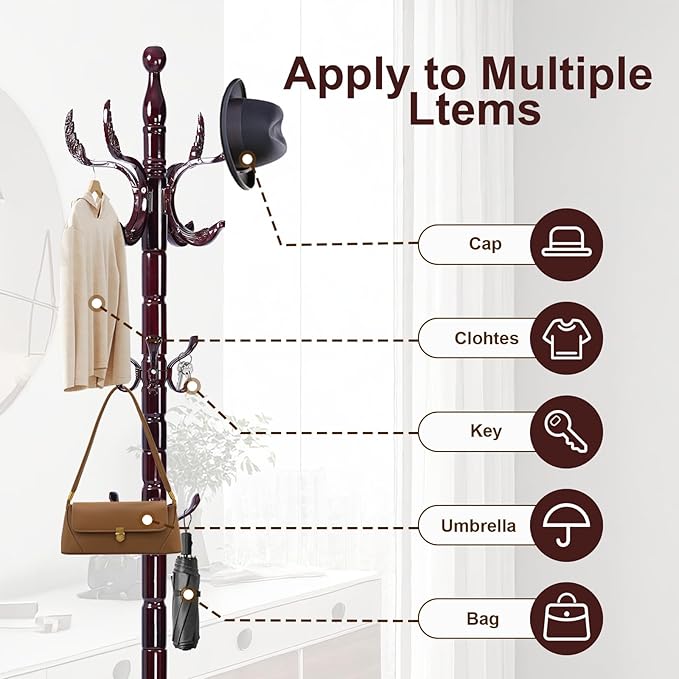 Solid Wood Coat Rack – 72" Freestanding Coat Racks Stand with 14 Hooks & Stable Base, Adjustable Height Modern Wooden Hall Tree for Entryway, Bedroom, Office, Home (Mahogany Phoenix Hook)