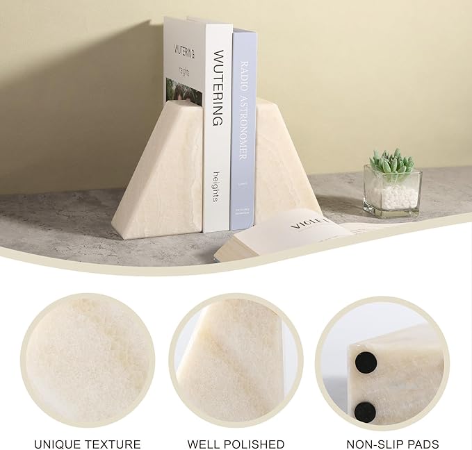 Koville Marble Bookends for Shelves, Large Bookends for Heavy Books, Non-Slip 7Lbs Stone Book Ends for CD/Movies, Modern Decorative Bookends for Shelves Table Home Decor(Navona)