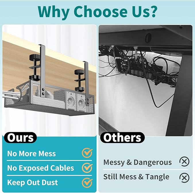 Under Desk Cable Management Tray Black, No Drill Desk Cable Wire Management Organizer with Clamp, PC Cord Organizer Accessories & Workspace for Office, Home
