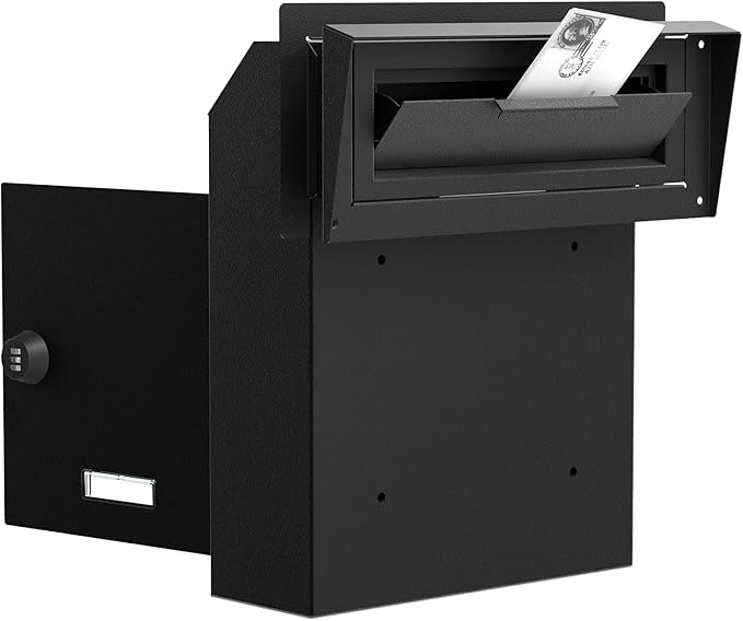 Rainproof Through The Door Key Drop Box, Galvanized Steel Heavy Duty Mailbox Safe Deposit Box, Locked Mail Drop Box with Combination Lock for Key and Payment, Black Mailbox