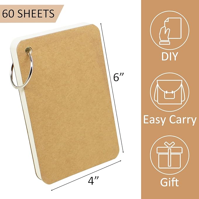 6 Pack 4x6 Inch Blank Flash Cards with Binder Rings (60 Sheets Each Pack), Blank Easy Flip Index Card Mini Study Note Cue Cards for Studying