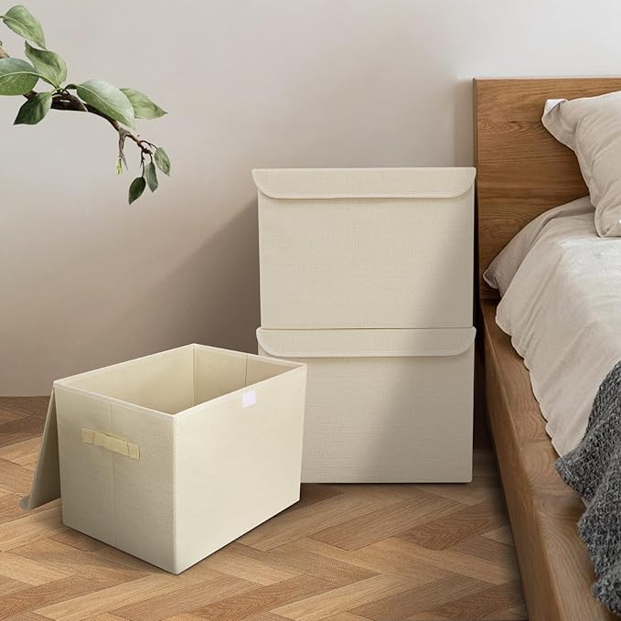 Large 42 Quarts Collapsible Stackable Storage Bins Cube with Lids [3-Pack] Foldable Fabric Linen Storage Boxes, Closet Organizer Baskets with Label for Home (16.7 x 12 x 12", Beige)