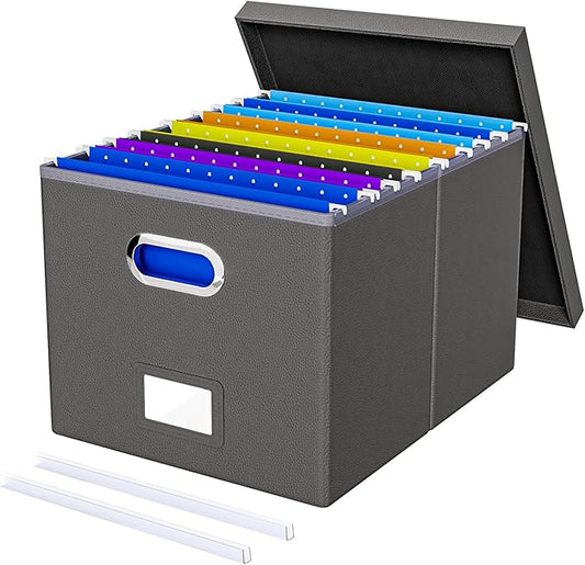 Oterri File Organizer Box with Lid, Portable Hanging File Box for Office/Decor/Home, 1 Pack, Gray (Leather)
