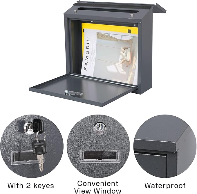 xydled Mail Boxes with Key Lock,Locking Mailbox Wall Mounted, Large Capacity, Galvanized Steel Cover Metal Postbox for House, 14 X 12.5 X 4.25 Inch, Grey