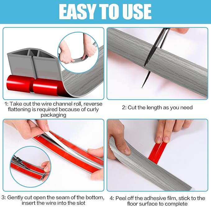 Floor Cord Cover Cavity 0.8"x0.37" Self Adhesive Cord Hider, 3.3FT Low Profile Cable Management, Extension Strip Protector for Wires, Prevent Cable Trips for Offices, Gyms, Exhibitions (Gray Wood