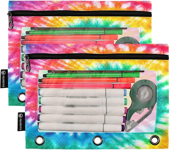 Tie Dye Pencil Pouch for 3 Ring Binder, 2 Pack Waterproof Pencil Bags Clear Window Zipper School Office Supplies