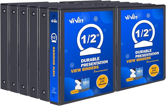 3 Ring Binder 1/2 Inch, ViVin Sturdy 0.5"-Round Ring Binder with 2 Interior Pockets, Clear View Cover, PVC-Free, Fits 100 Sheets of 8.5'' x 11'' Paper, Office Home School (12 Pack, Black)