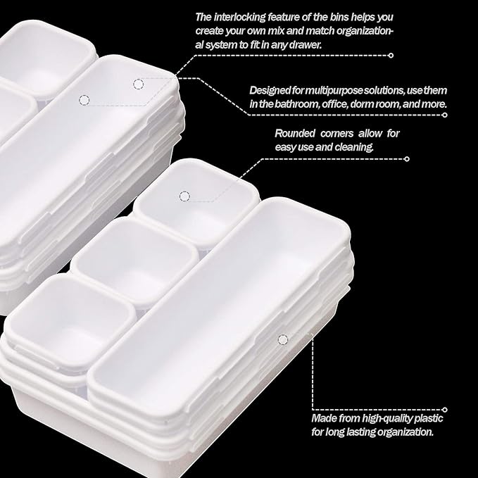Set of 12 Interlocking Desk Drawer Organizer Tray Dividers Plastic Shallow Narrow Drawers Organizers Separators Storage Bins Container for Kitchen Bathroom Makeup Office Vanity Bedroom Dresser White