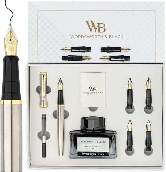 Wordsworth & Black Fountain Pen Gift Set, Includes Ink Bottle, 6 Ink Cartridges, Refill Converter, 4 Replacement Nibs, Premium Package, Journaling, Calligraphy, Smooth Writing Pens [Silver Gold]