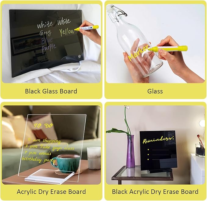 Bright Yellow Dry Erase Markers for Black Glass Board, 2-in-1 Reversible Dual Tip - Bullet & Fine, Easy Clean Grip Liquid Chalk Pens for Acrylic Board, 10 Pack