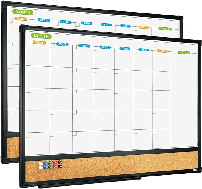 JILoffice Magnetic Calendar Whiteboard & Bulletin Corkboard Combination, Combo Board 24 x 18 Inch, 2 Pack, Black Aluminum Frame Wall Mounted Board for Office Home and School with 10 Push Pins