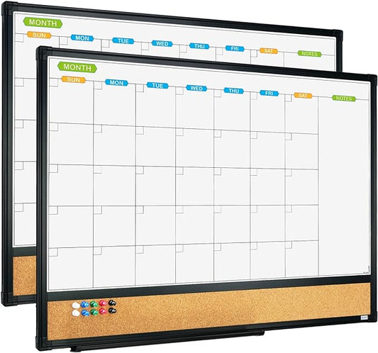 JILoffice Magnetic Calendar Whiteboard & Bulletin Corkboard Combination, Combo Board 24 x 18 Inch, 2 Pack, Black Aluminum Frame Wall Mounted Board for Office Home and School with 10 Push Pins