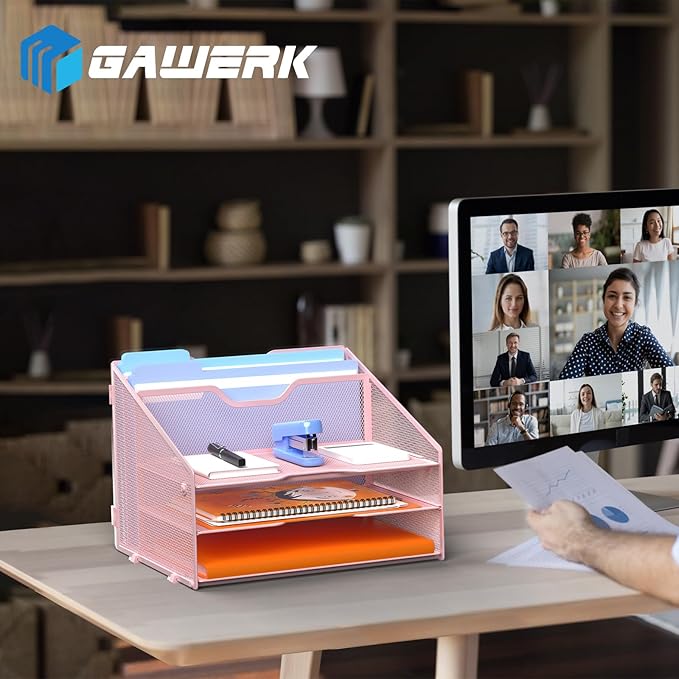 Letter Tray Organizer, Mesh Desk File Organizer with 3 Paper Trays and 2 Vertical Upright Section (Pink)