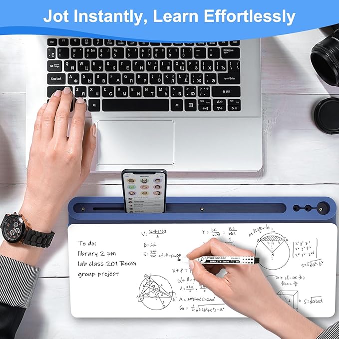 Glass Desktop Whiteboard with Storage, Desk White Board with Computer Keyboard Stand,White Dry Erase Board with Drawers for Home,School,Office - Blue