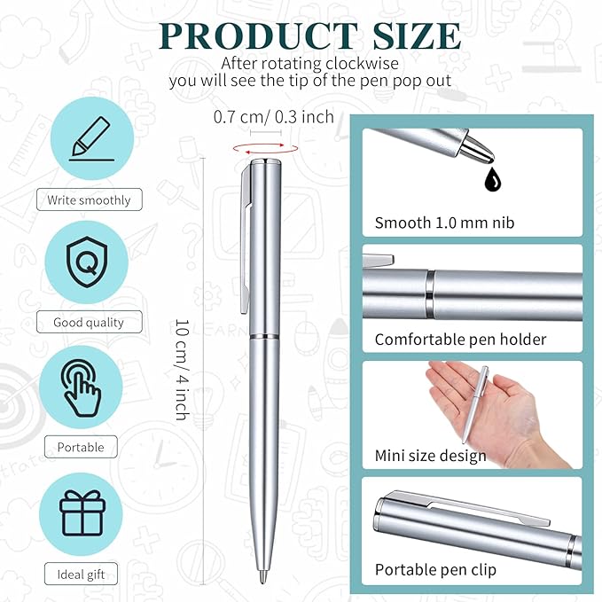Teling 72 Pcs Small Ballpoint Pen Mini Pens Bulk 4 Inch Short Small Tiny Black Ink Ballpoint Writing Tool for Notebook Pockets Signature Notepads School Office(Silver,Classic Style)