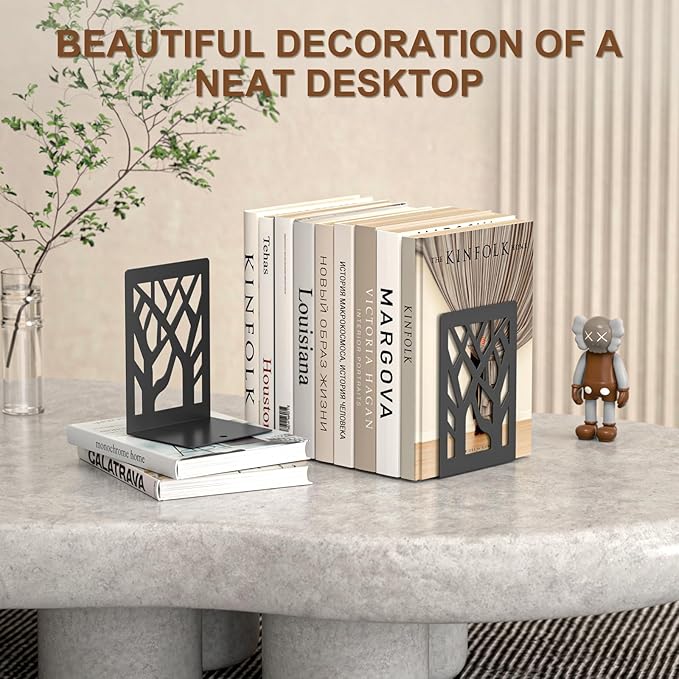 VFINE Metal Bookends, 8 Pieces Tree Design Bookends for Shelves, Black Book Ends for Desk, Bookshelf Bookends Decoration Stylish Metal Book Ends for Home Office