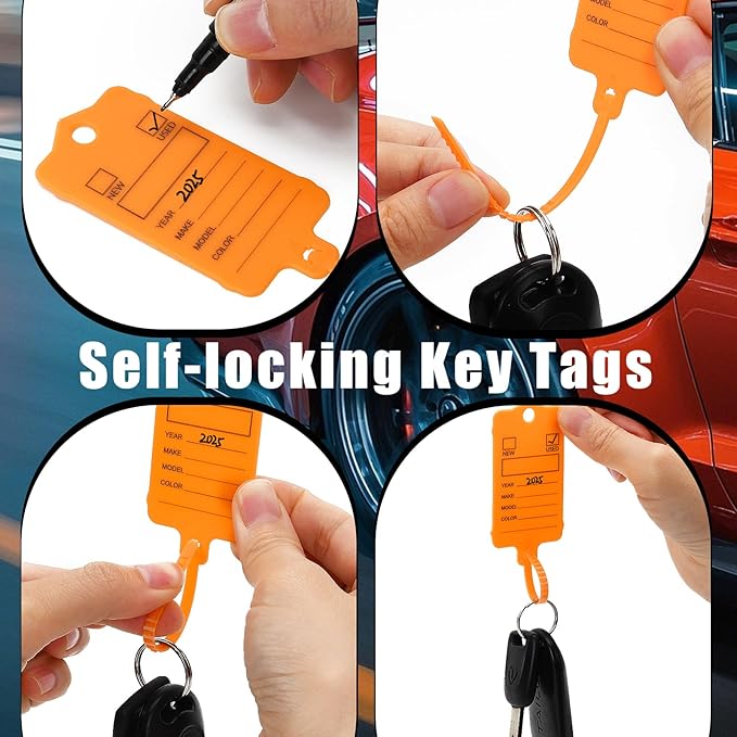 50 Car Key Tags with Labels Plastic Car Dealership Key Tags Self Locking Automotive Identifiers Blank Shop Labels with One Pen (Orange)