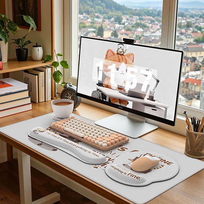 iCasso Desk Mat Set,Large Mouse Pad with Wrist Support,Cute Cat Wrist Support for Keyboard,Non-Slip Computer Mat with Stitched Edges, Anime Desk Cover Protector for Office Home Dorm