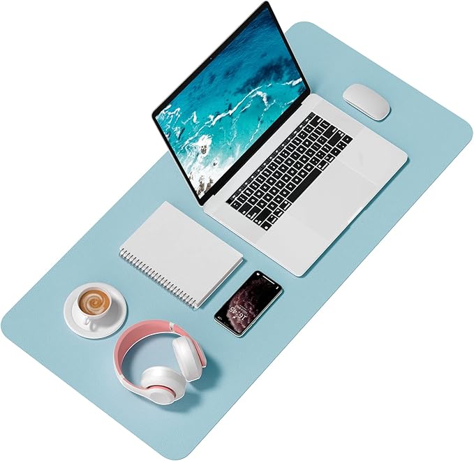 Hsurbtra Desk Pad, 35.5" x 17" PU Leather Desk Mat, XXL Extended Mouse Pad, Waterproof Desktop Blotter Protector, Non-Slip Ultra Thin Large Laptop Keyboard Writing Mat for Office Home, Lake Blue