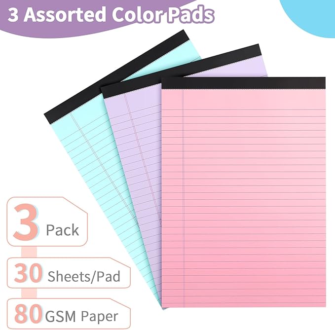 Colored Legal Pads, 3 Pack Writing Pads 8.5 x 11 inch, Micro Perforated Notebooks with Sturdy Back, Wide Ruled, 30 Sheets Per Writing Pad for School, College, Office, Professional (Blue/ Pink/Purple)