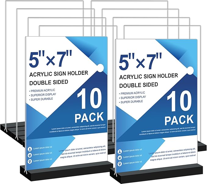 Seencool Acrylic Sign Holder 5x7 - 10Pack Vertical Double Sided Acrylic Sign Stands, Clear Table Menu Display Stand Paper Holder, Plastic Flyer Holder, Vendor Booth Display Items
