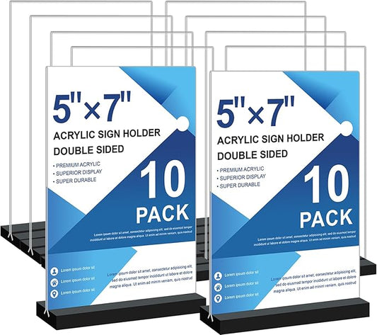 Seencool Acrylic Sign Holder 5x7 - 10Pack Vertical Double Sided Acrylic Sign Stands, Clear Table Menu Display Stand Paper Holder, Plastic Flyer Holder, Vendor Booth Display Items