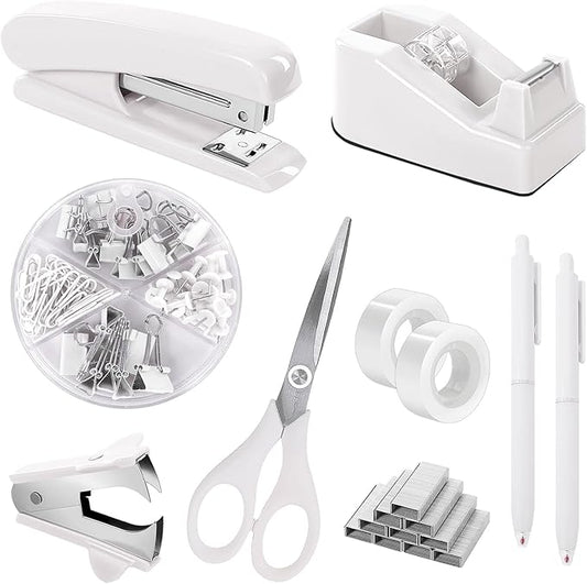 SKYDUE White Office Supplies Set, Desk Accessories, Stapler, Tape Dispenser, Scissors, Binder/Paper Clips and 1000pcs Staples, Office Decor for Women