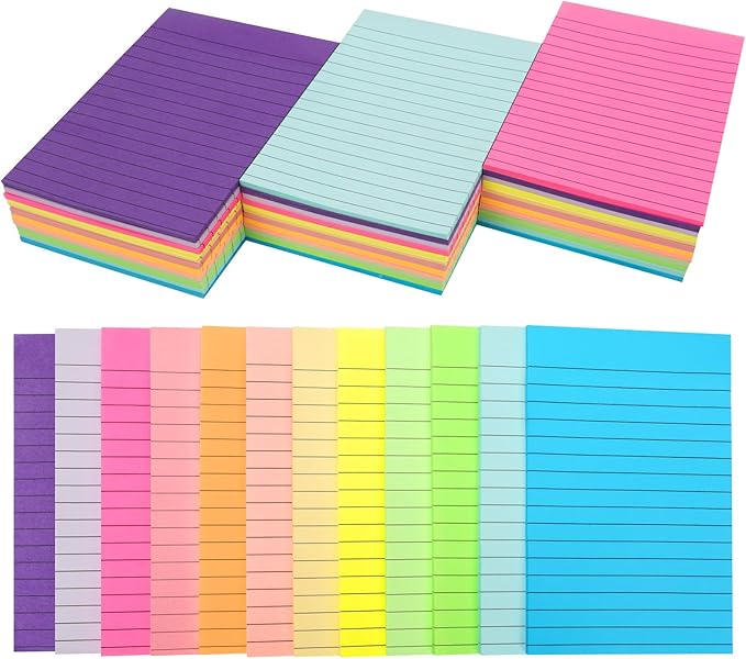 SACATR 36 Pads Lined Sticky Notes, Sticky Note Pads 4x6 inches, 12 Bright Color Sticky Notes with Lines Self-Stick Note Pads, Perfect for Office Home,School