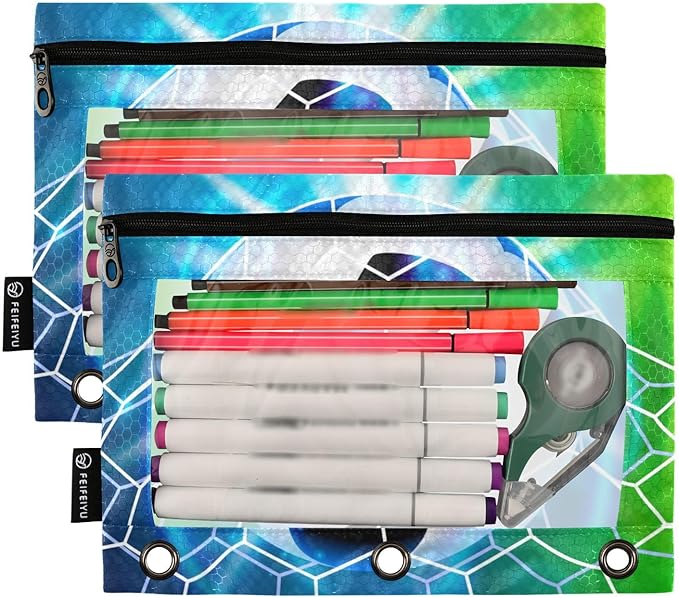 Soccer Ball Football on Field Pencil Pouch for 3 Ring Binder, 2 Pack Waterproof Pencil Bags Clear Window Pencil Case Zipper School Office Supplies