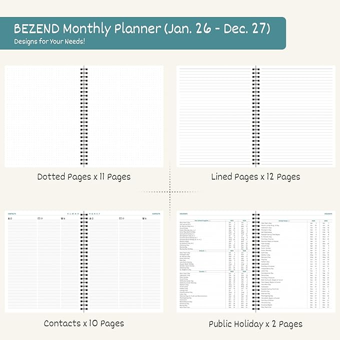 BEZEND Monthly Planner 2026-2027 (Spiral-7" x 9") 2 Year Calendar Book with Note Pages - Jan 26 to Dec 27-120 GSM Paper, Inner Pockets, Laminated Tabs, Vegan Leather Softcover - Orange
