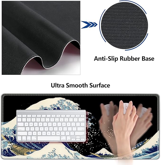 AIMSA Large Gaming Mouse Pad Set, Keyboard Wrist Rest Support Mouse Pad, Ergonomic Memory Foam Multifunctional Extended Desk Mat 35x15.7in Anti-Slip Rubber Base for Office Home, Big Waves