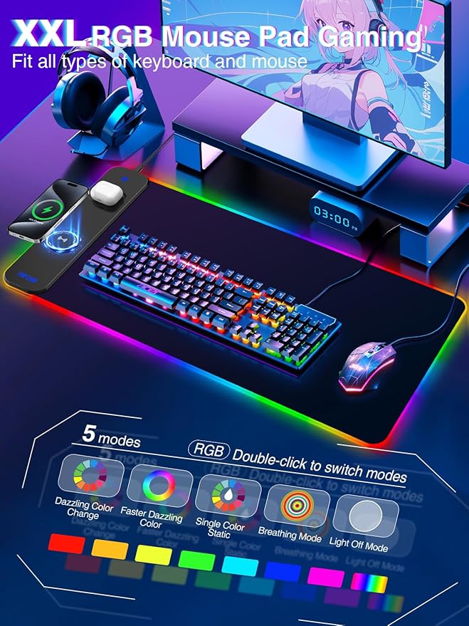 Magnetic RGB Gaming Mouse Pad 31.5x15.75 Inch, 15W Fast Wireless Charging Desk Mat, XXL Desk Pad with 11 RGB Lighting Modes, Home Office Large Keyboard Pad with Ultra-Smooth Surface, Non-Slip Base