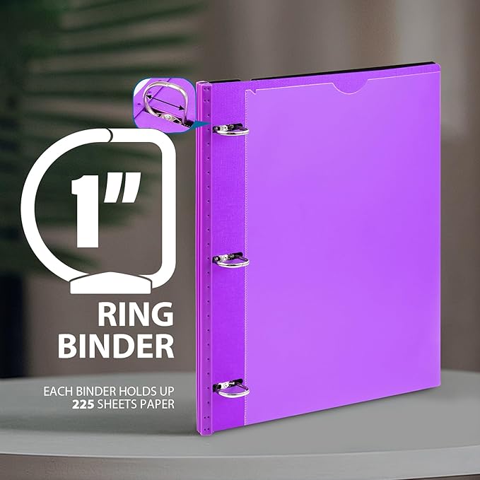 WOT I 1 Inch Telescoping 3 Ring Binder 4 Pack, Expandable Flexible Binder with Customizable Front Cover & Clear Catalog Pocket, Holds 225 Sheets, Assorted Colors, School Office Supplies