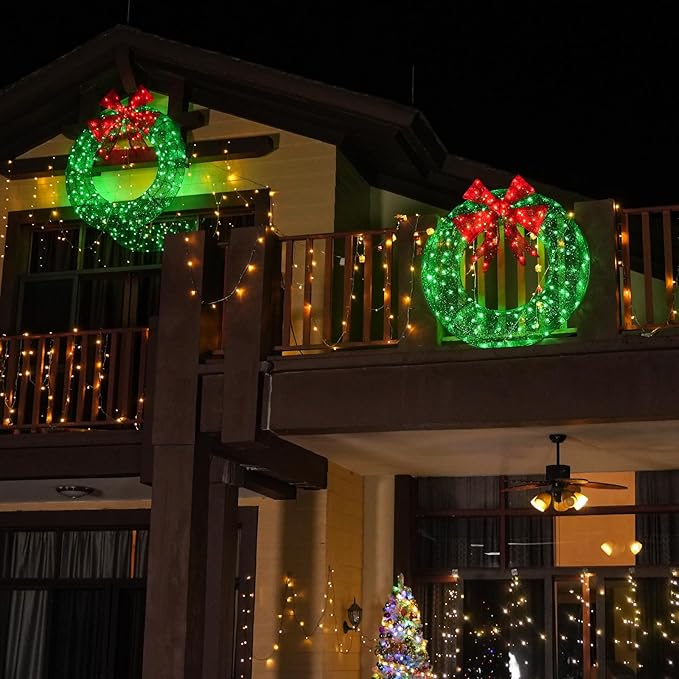 Hykolity 60 in. 3D Lighted Outdoor Christmas Wreath with 210 LED Lights & Red Bow, Christmas Holiday Yard Decoration for Garden, Porch - Green
