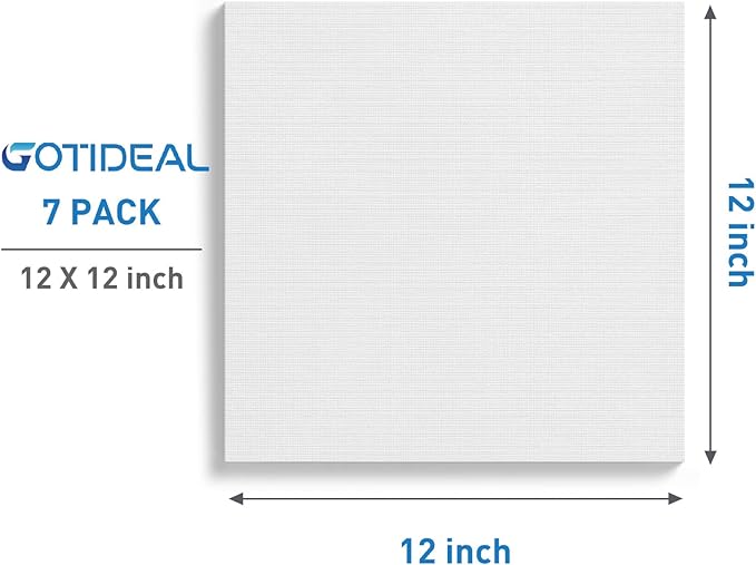 GOTIDEAL Stretched Canvases for Painting, 12x12" Inch Set of 7, Primed White - 100% Cotton Blank Art Square Canvas Boards for Painting for Acrylic Pouring, Oil Paint Dry & Wet Art Media