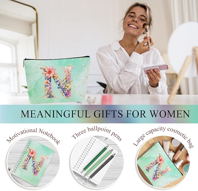 Personalized Gifts Monogrammed Birthday Gifts for Women, Colleague, Female Farewell Christmas, Initial 20 oz Tumbler, Makeup Cosmetic Bag Cup Pens Journal Notebook 6 Set, (Aesthetic Green Flower N)