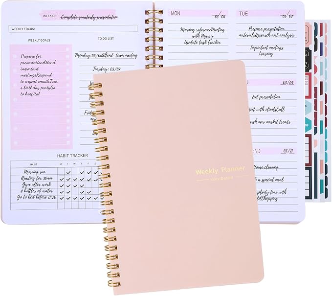 Undated Weekly Planner with Habit Tracker, 52 Weeks To Do List Notebook A5 Weekly Goal Planner with Spiral Binding & Stickers Home Work School Supplies for Women Girls 8.2" x 5.7" - Pink