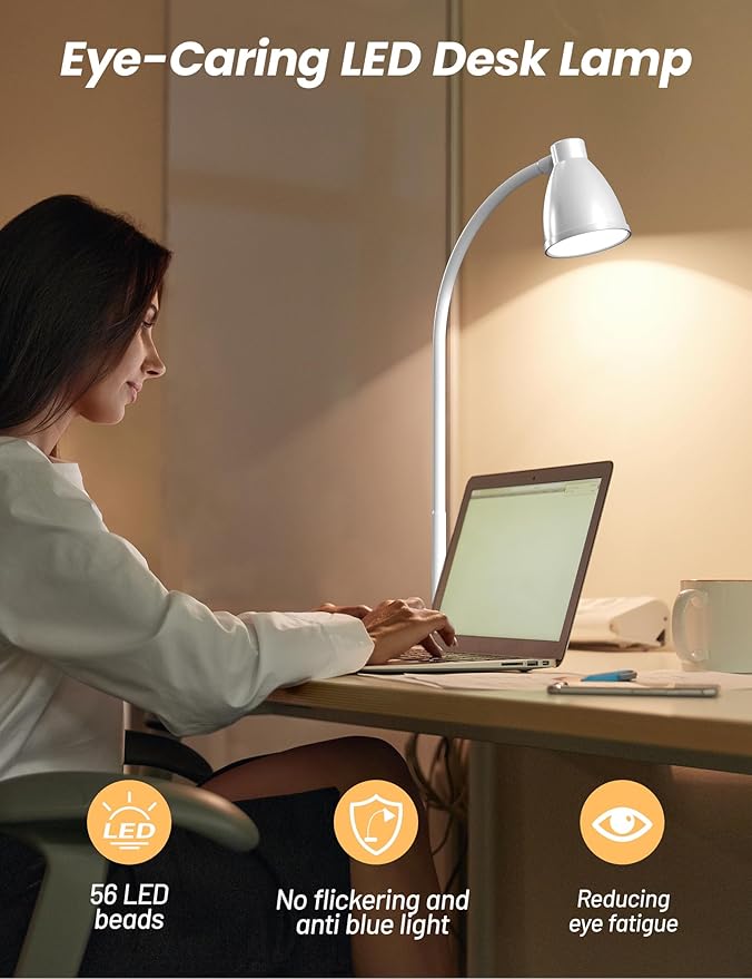 BOHON LED Desk Lamp with USB Charging Port, 3 Color Modes Dimmable Reading Lamp, Auto Dimming Task Lamp, Flexible Neck Table Light for Dorm Bedside, Adapter Include, White