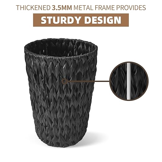 Endymion Black Wicker Trash Can,Small Hand Woven Bathroom Trash Can,Waterproof Woven Trash Basket for Bedroom, Offices or Kitchen,2 Gallon Round