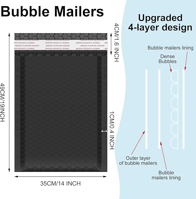 Henoyso 30 Pcs Extra Large Bubble Mailers 14 x 19 Inches Resealable Padded Envelopes Waterproof Shipping Bags Poly Padded Mailers Bulk for Mailing Packaging Small Business(Black)