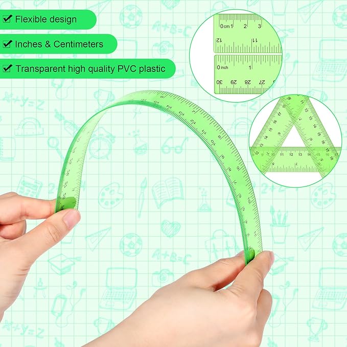 Zonon 2 Pack 12'' Plastic Ruler and 6'' Plastic Protractor Set Clear Ruler Protractor Set Math Geometry Supplies for School Classroom Home Office Drawing(Green)