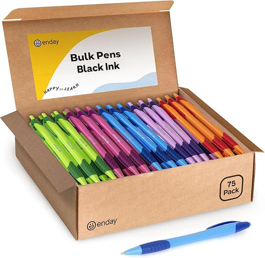 Enday Pens Bulk (75 Pack), Retractable Ball Point Pens Black Ink, Medium Point (1.0mm), Comfortable Grip, Smooth Writing Pens for School & Office