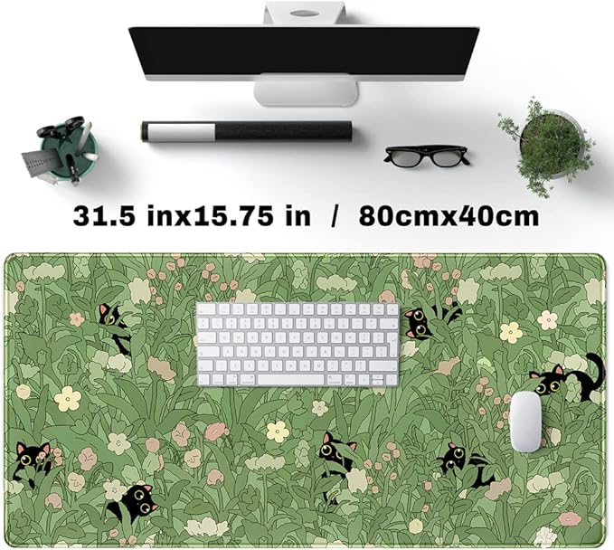 Green Desk Mat XL Cat Cute Plant Cool Desk Pad Keyboard Mat Kawaii Black Cat Flower Mouse Pad Green Desk Mat Desk Decor with Stitched Edges Non-Slip Large Computer Mat 31.5x15.7in