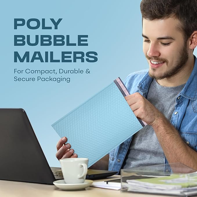 Light Blue 10.5x16 Inch Large Poly Bubble Mailers #5 | Padded Envelopes with Self Seal | Air Lined Cushioned Bubble Mailer | Usable Size 10.5x15 | 200 Pack Bulk | Lightweight shipping Bags