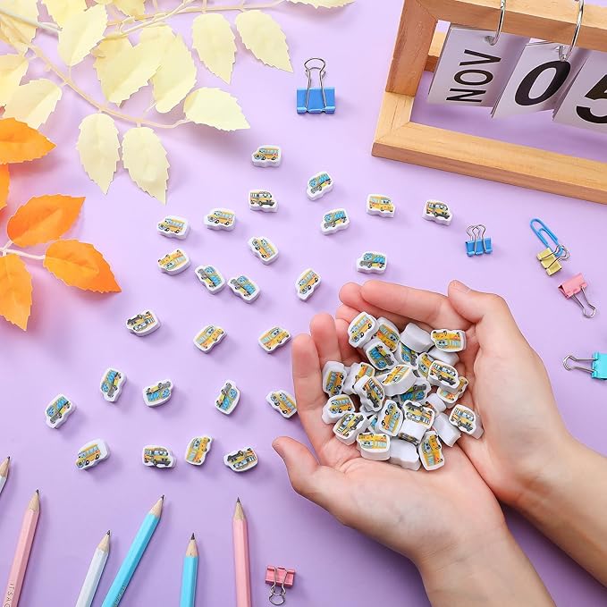 PerKoop 60 Pcs Mini Erasers for Kids Cute School Bus Erasers Bulk Welcome Back to School Gifts for Students Classroom Rewards Prizes Party Favors