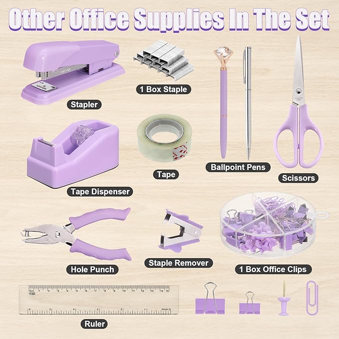 SYMDROMIA 13-in-1 Office Desk Organizer Set with Stapler and Tape Dispenser, Pen Holder, Scissors, Ruler, Hole Punch, 2 Pens & More Desktop Accessories for Back to School Supplies (Purple)