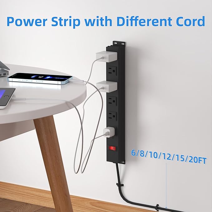 Power Strip with 6AC Outlets 6 Ft UL 14AWG Cord Straight Plug,Metal Wall Mount Heavy Duty Power Strip with Switch for Commercial,Industrial,School and Home,15A/125V/1875W,Black(6FT)