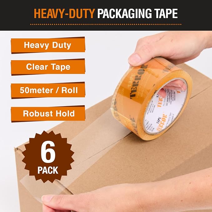 Heavy-Duty Clear Packing Tape (6 Rolls) - Strong Packing Tape for Moving Boxes, Shipping, Mailing, Storage, and More - Packaging & Shipping Supplies (48mm x 50m per Roll)