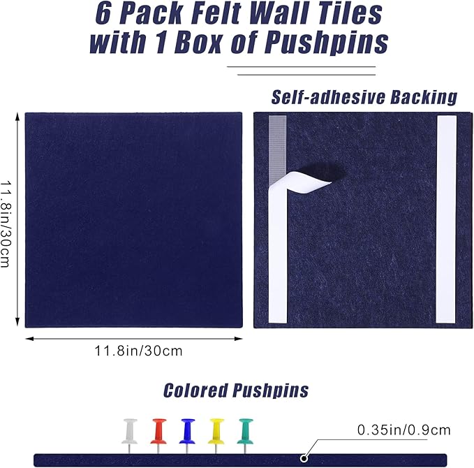 Large Cork Board 36" x 24", 6 Pack Felt Wall Tiles with Colored Pushpins, Bulletin Board with Removable Self-Adhesive Strips, Pin Board Cork Boards for Walls Office Home-Dark Blue